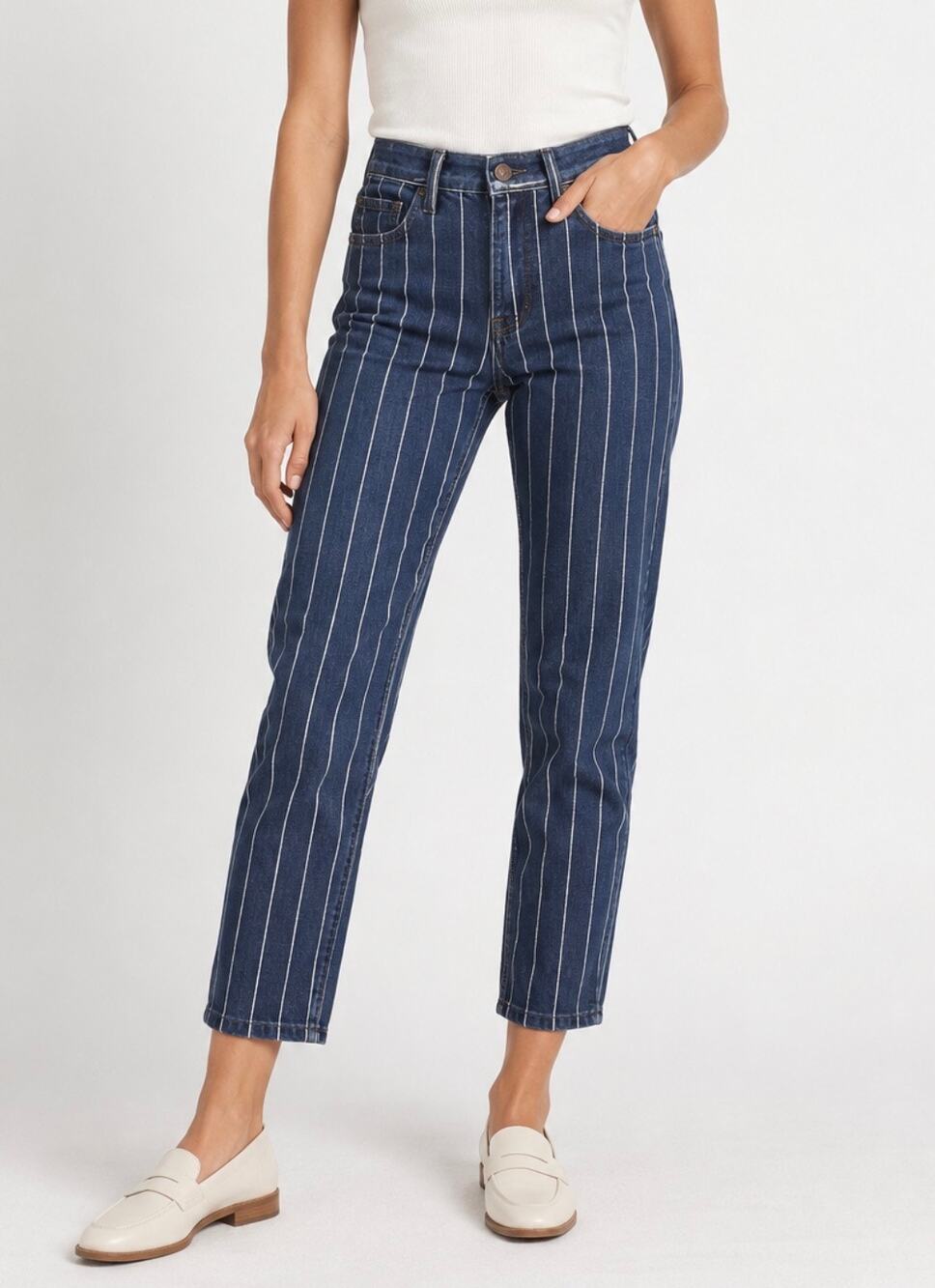 Current/Elliott Pinstripe High Rise Cropped Straight Jeans Size 27 Dark Wash